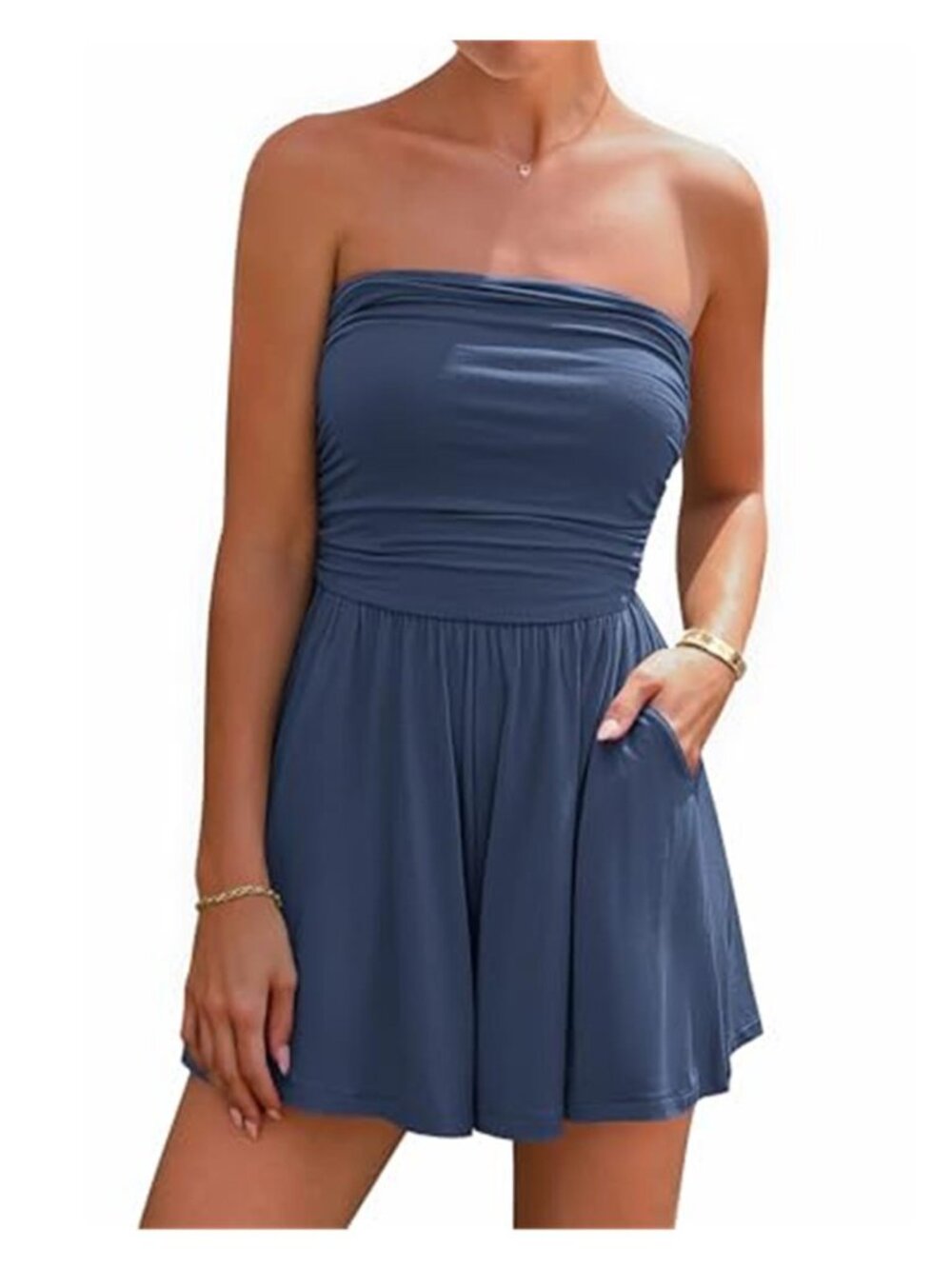 Womens Strapless Romper Off Shoulder Tube Jumpsuit Casual Shorts With Pockets